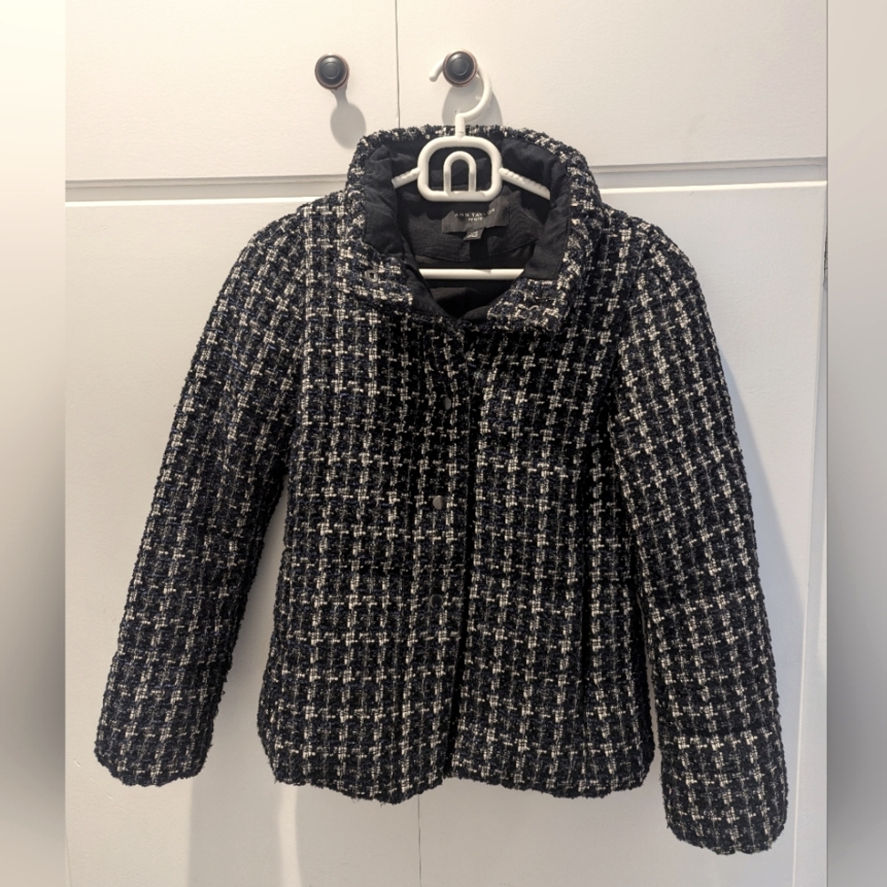 Ann Taylor Tweed Puffer Jacket PETITE XXS , NAVY BLUE